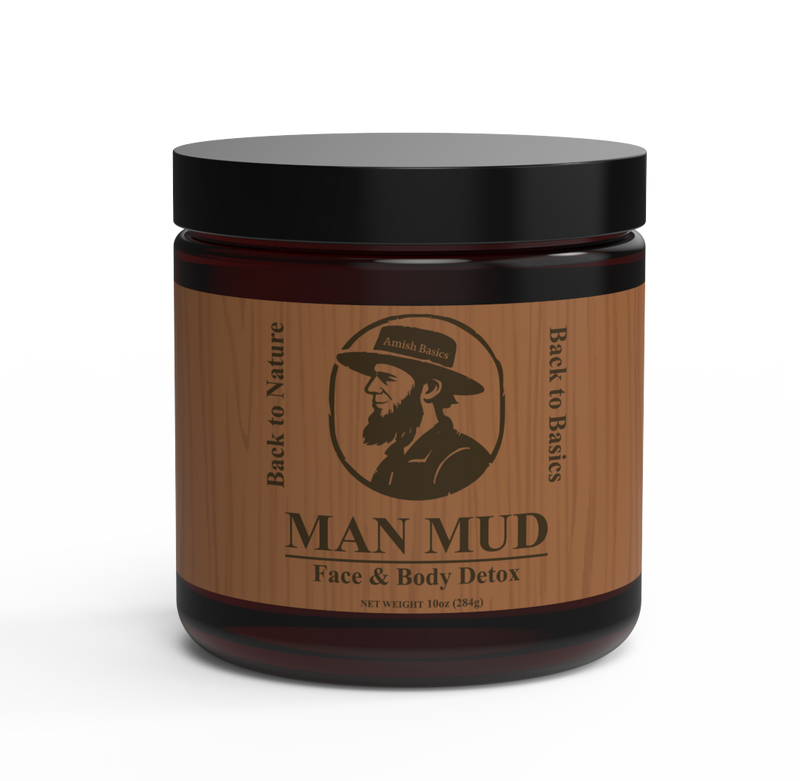 Jar of 'Man Mud' face and body detox on a white background