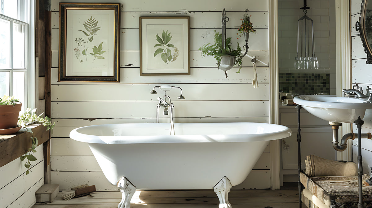 Vintage-style bathroom with a freestanding bathtub, wooden walls, and decorative elements.